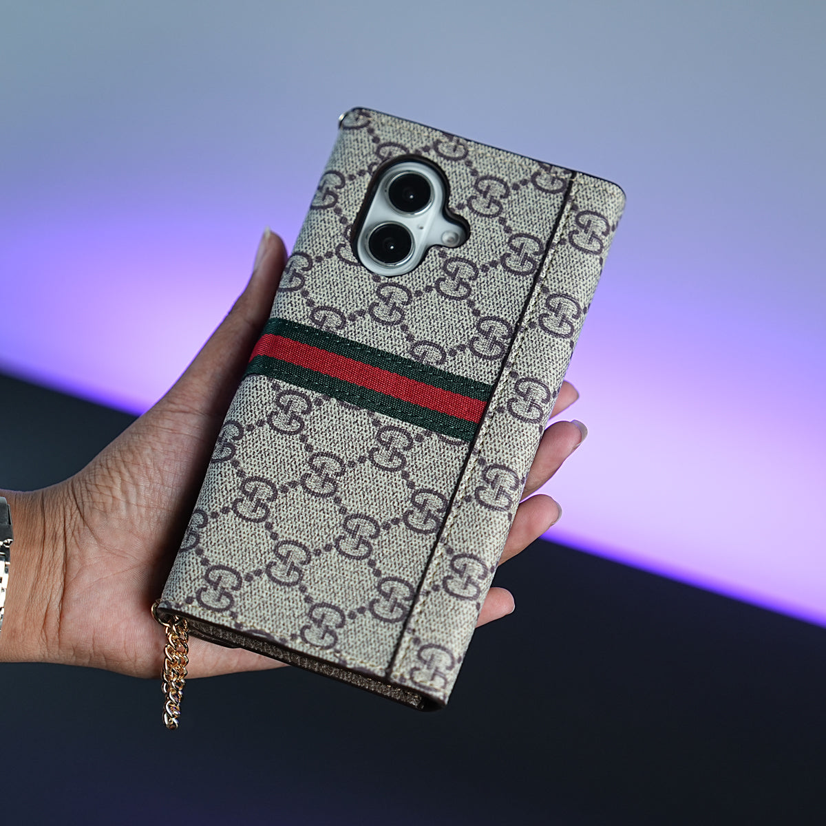 iPhone Series Luxury Monogram PU Leather Wallet Case with Braided Chain Strap