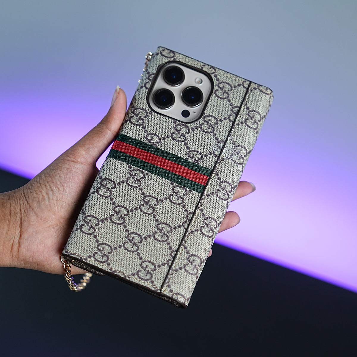 iPhone Series Luxury Monogram PU Leather Wallet Case with Braided Chain Strap