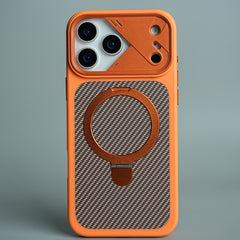 iPhone 17 Series Carbon Fiber Texture Ring Stand Protective Case Cover