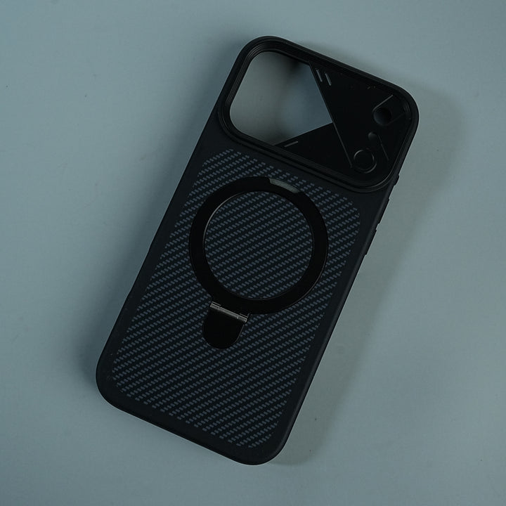iPhone 17 Series Carbon Fiber Texture Ring Stand Protective Case Cover