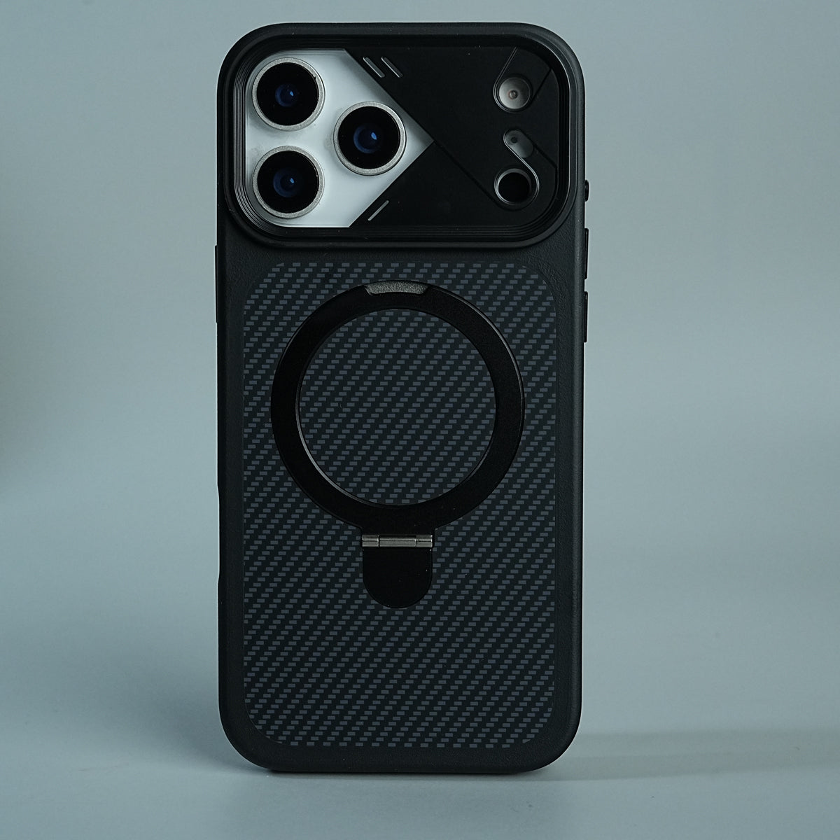 iPhone 17 Series Carbon Fiber Texture Ring Stand Protective Case Cover