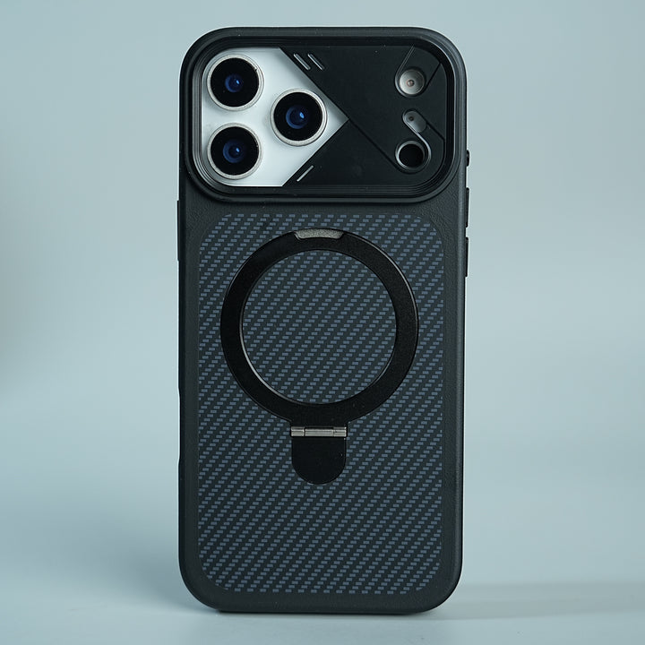iPhone 17 Series Carbon Fiber Texture Ring Stand Protective Case Cover
