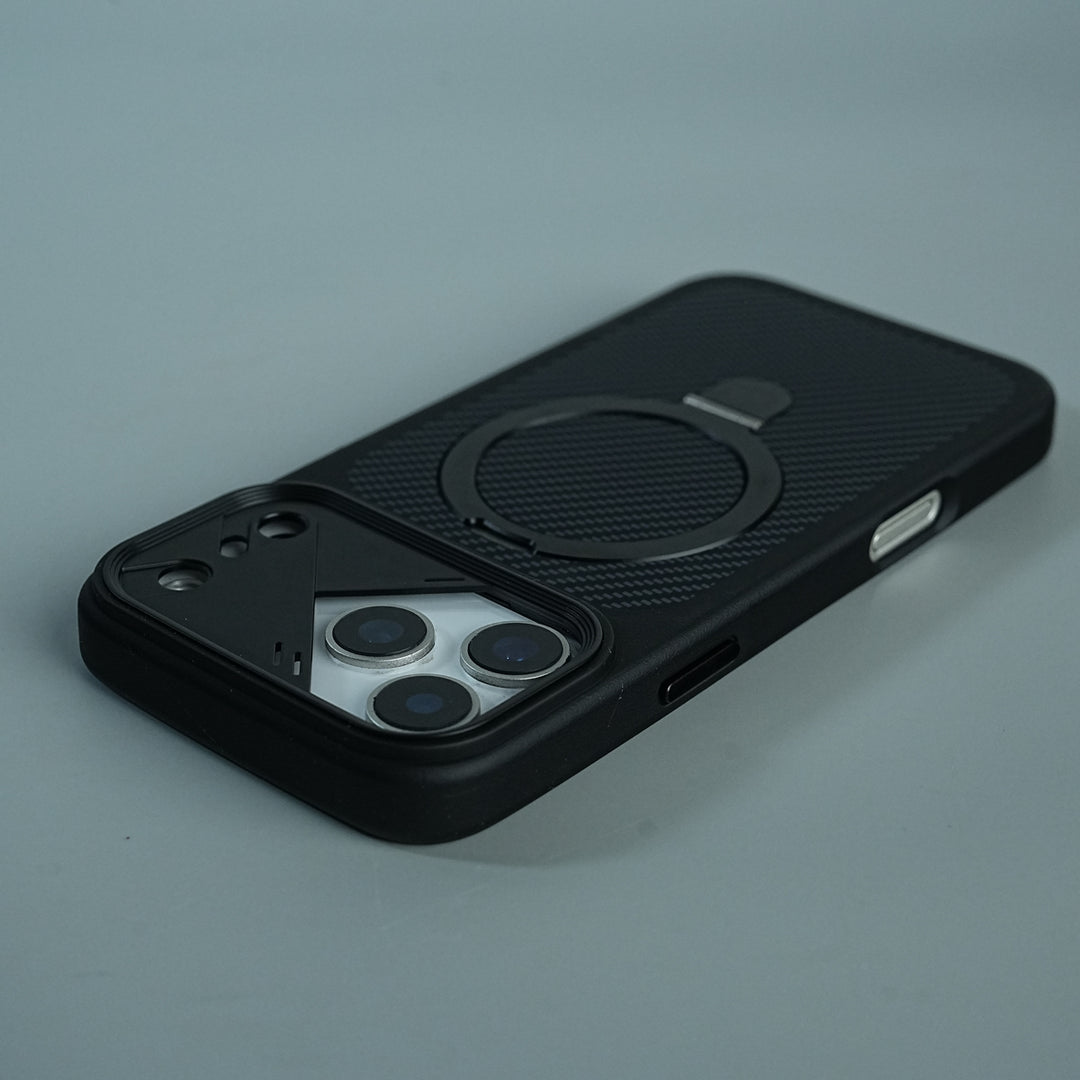 iPhone 17 Series Carbon Fiber Texture Ring Stand Protective Case Cover