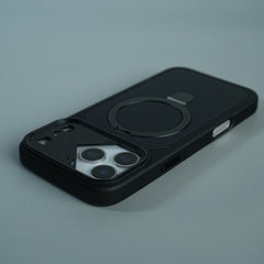 iPhone 17 Series Carbon Fiber Texture Ring Stand Protective Case Cover