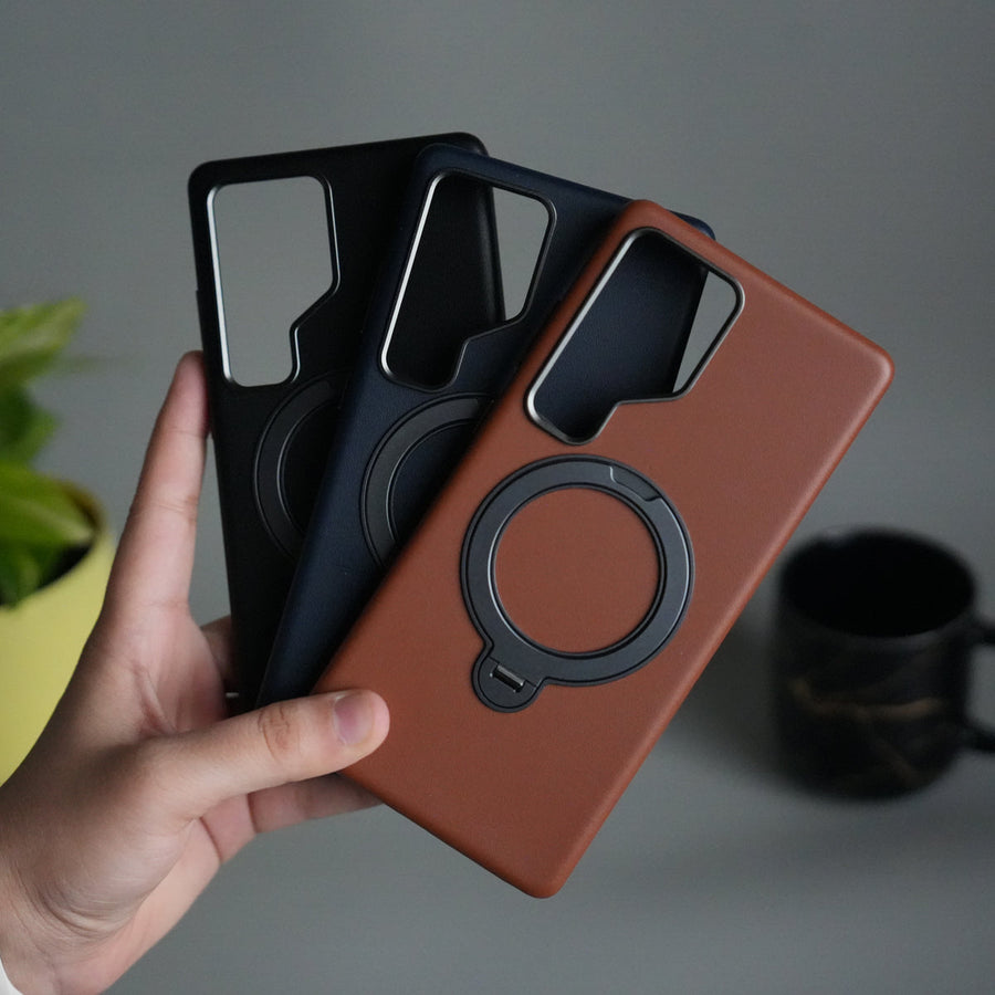 Galaxy S24 Ultra PU Leather Case with Metal Camera Frame & 360° Rotating Metal Stand