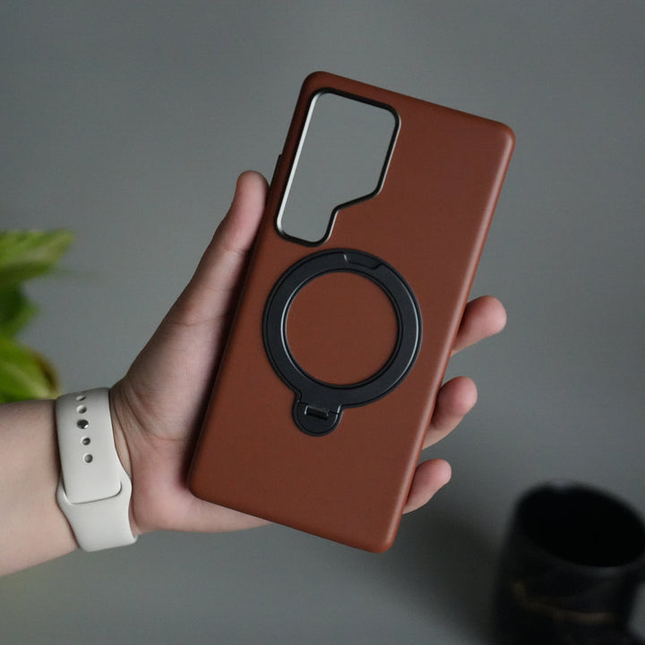 Galaxy S24 Ultra PU Leather Case with Metal Camera Frame & 360° Rotating Metal Stand