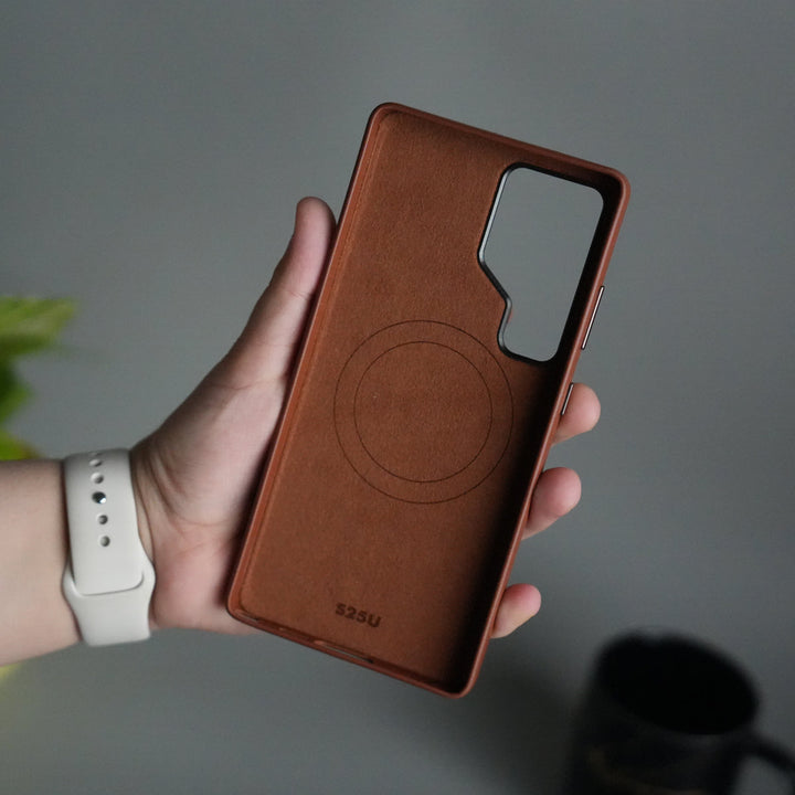 Galaxy S24 Ultra PU Leather Case with Metal Camera Frame & 360° Rotating Metal Stand