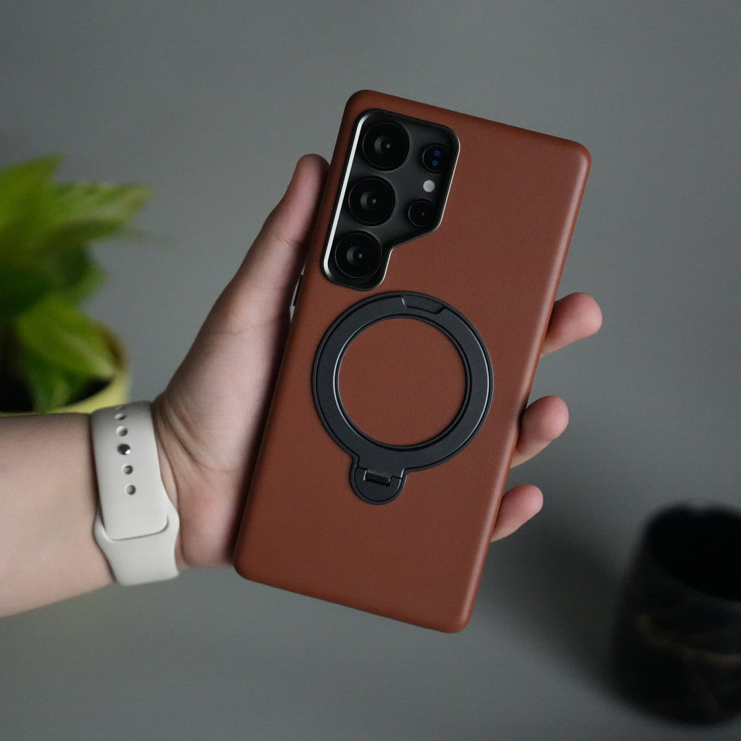 Galaxy S24 Ultra PU Leather Case with Metal Camera Frame & 360° Rotating Metal Stand