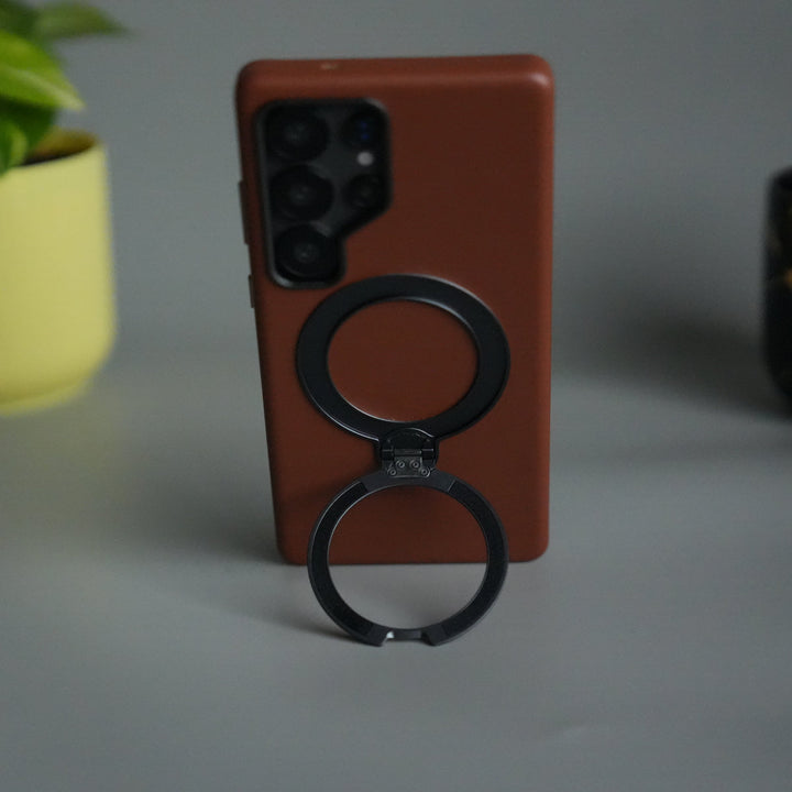 Galaxy S24 Ultra PU Leather Case with Metal Camera Frame & 360° Rotating Metal Stand