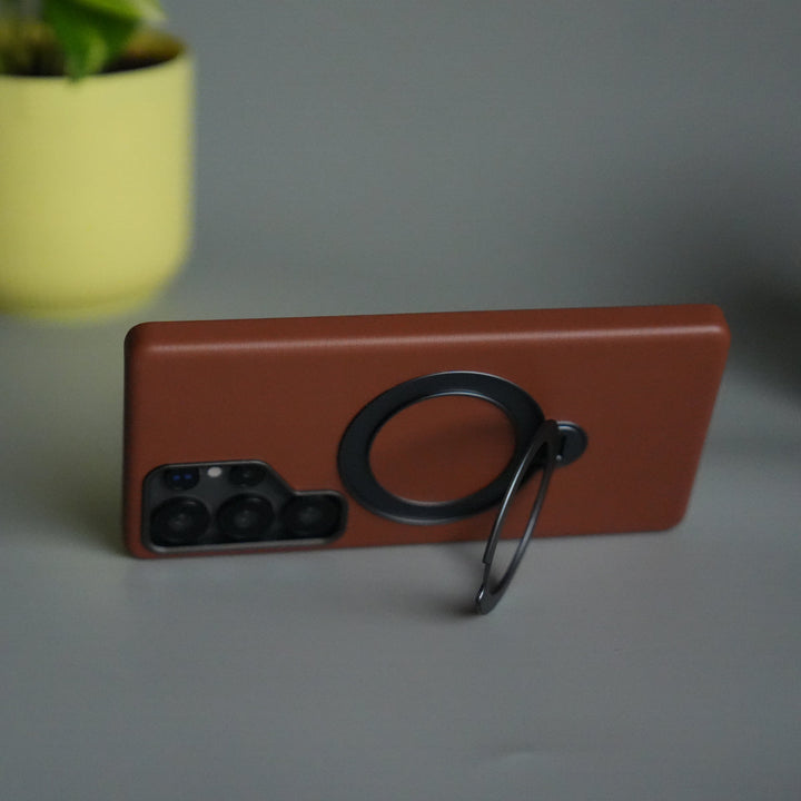 Galaxy S25 Ultra PU Leather Case with Metal Camera Frame & 360° Rotating Metal Stand