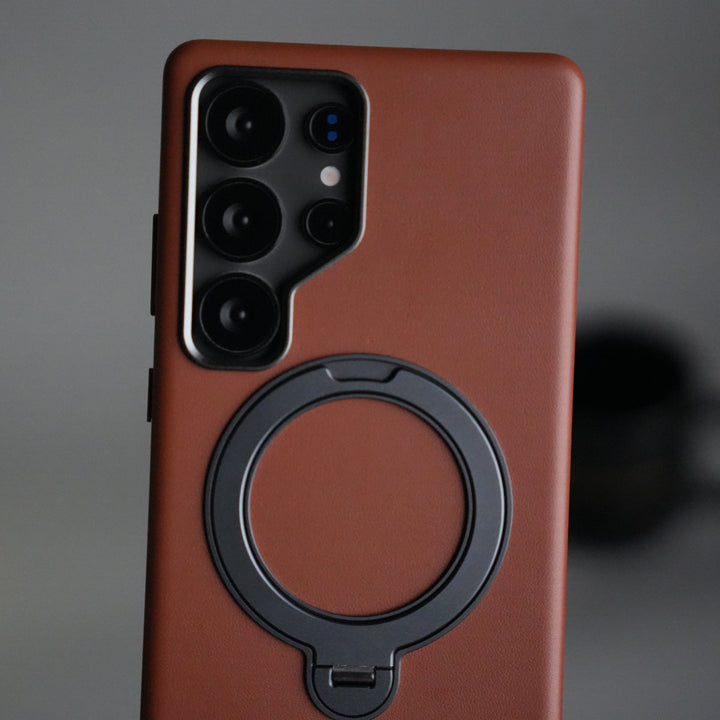 Galaxy S25 Ultra PU Leather Case with Metal Camera Frame & 360° Rotating Metal Stand