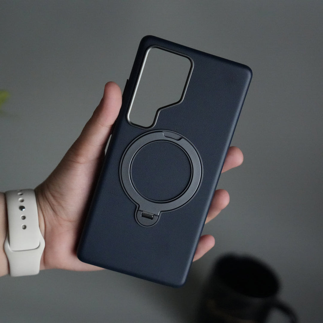 Galaxy S24 Ultra PU Leather Case with Metal Camera Frame & 360° Rotating Metal Stand