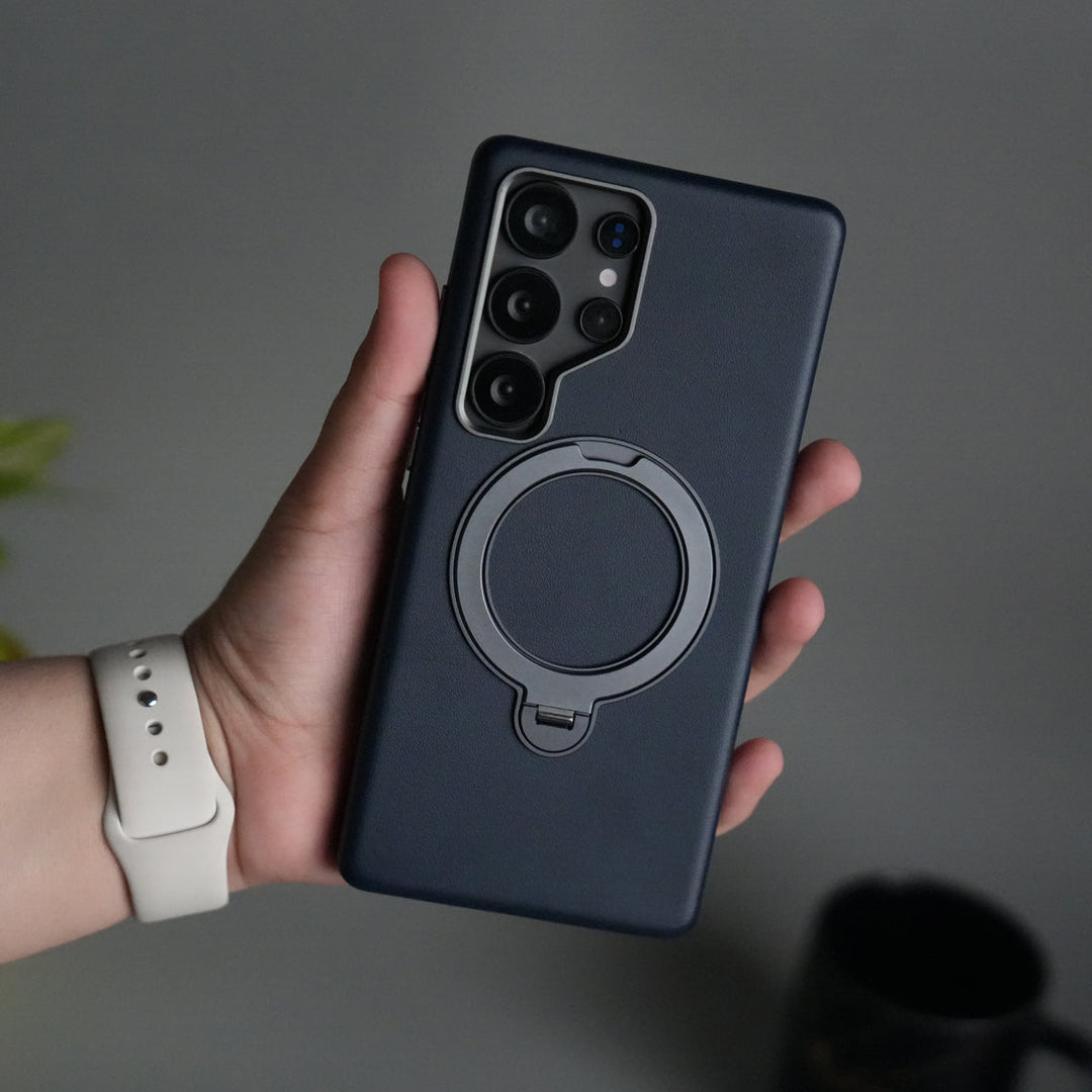 Galaxy S24 Ultra PU Leather Case with Metal Camera Frame & 360° Rotating Metal Stand