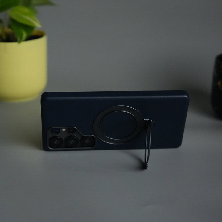 Galaxy S24 Ultra PU Leather Case with Metal Camera Frame & 360° Rotating Metal Stand