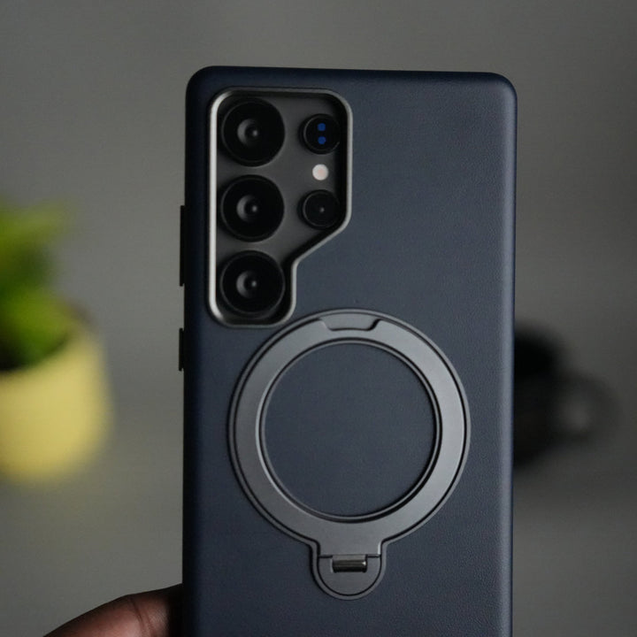 Galaxy S25 Ultra PU Leather Case with Metal Camera Frame & 360° Rotating Metal Stand