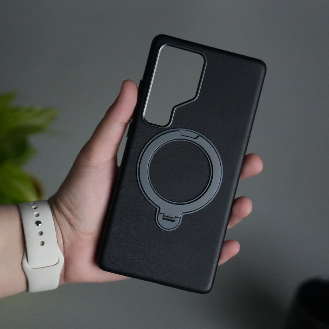 Galaxy S25 Ultra PU Leather Case with Metal Camera Frame & 360° Rotating Metal Stand