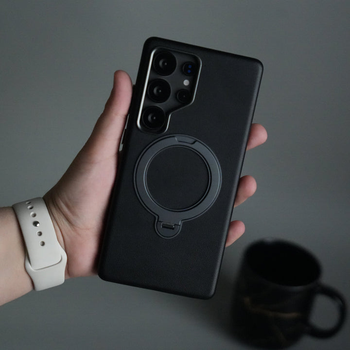 Galaxy S24 Ultra PU Leather Case with Metal Camera Frame & 360° Rotating Metal Stand