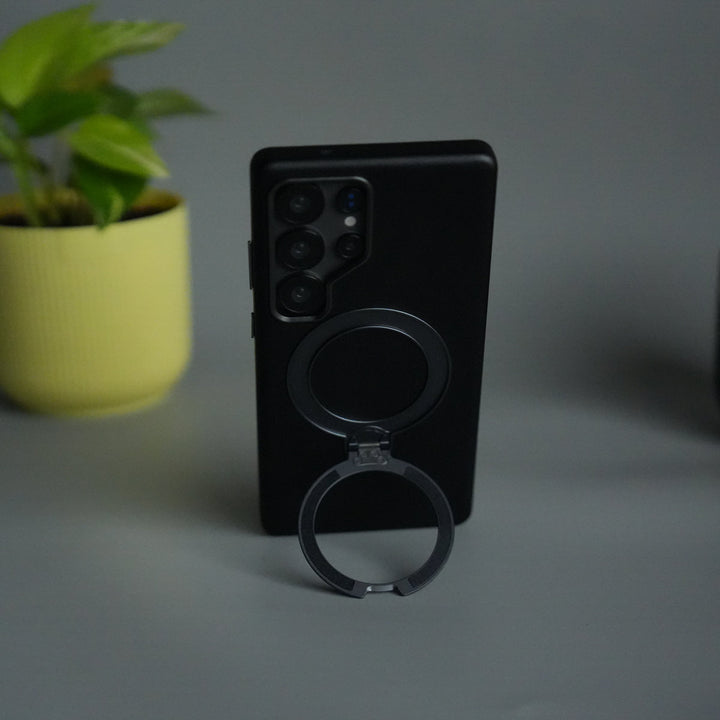 Galaxy S24 Ultra PU Leather Case with Metal Camera Frame & 360° Rotating Metal Stand