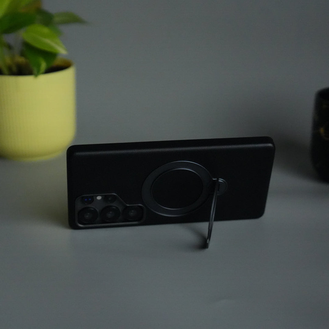 Galaxy S25 Ultra PU Leather Case with Metal Camera Frame & 360° Rotating Metal Stand