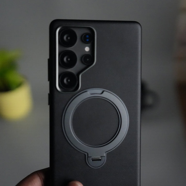 Galaxy S24 Ultra PU Leather Case with Metal Camera Frame & 360° Rotating Metal Stand