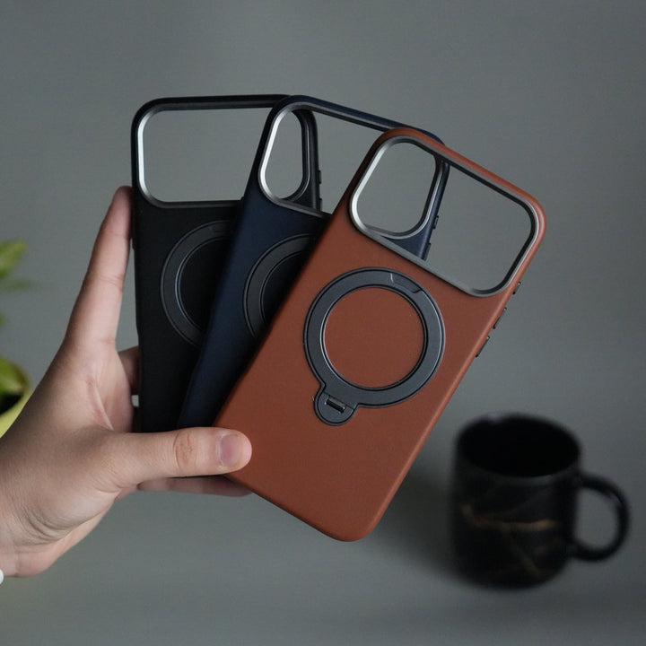 iPhone 17 Pro Max PU Leather Case with Metal Camera Frame & 360° Rotating Metal Stand