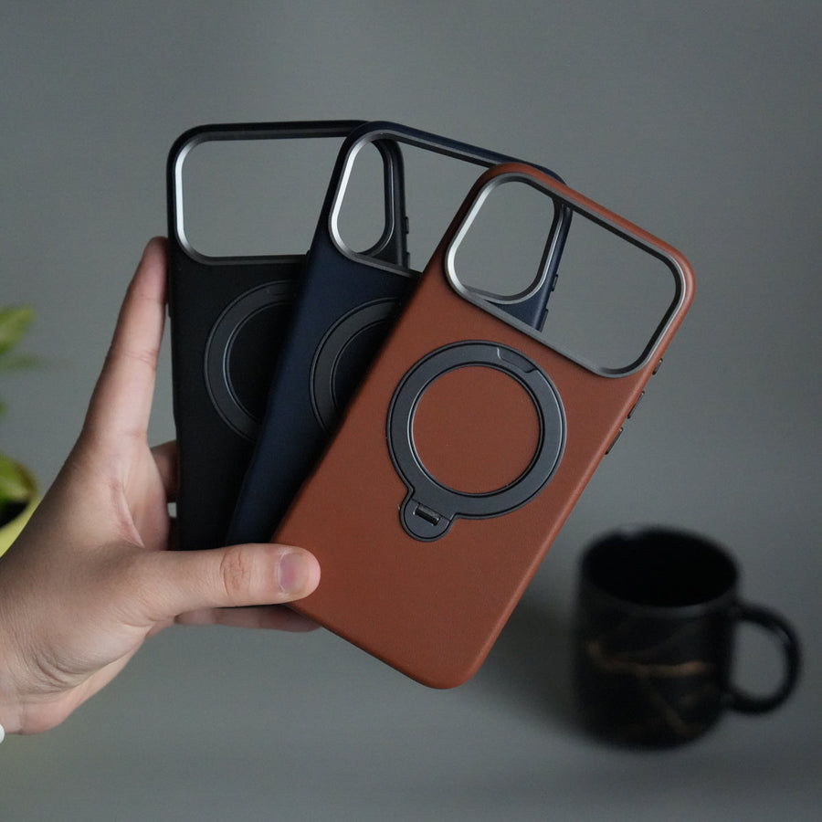 iPhone 17 Pro PU Leather Case with Metal Camera Frame & 360° Rotating Metal Stand