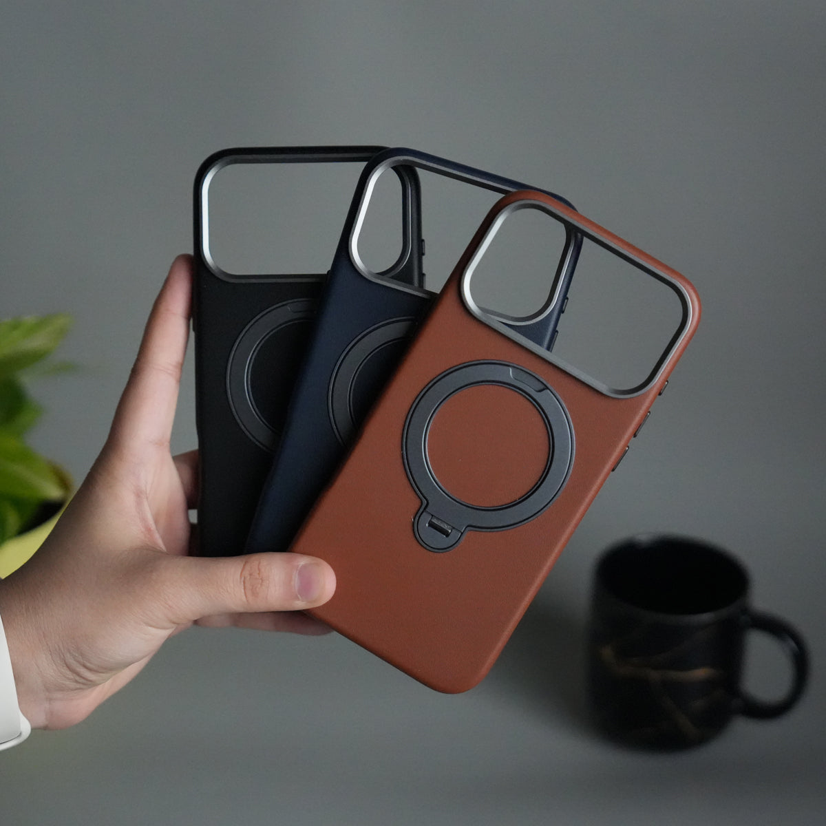 iPhone 17 Pro Max PU Leather Case with Metal Camera Frame & 360° Rotating Metal Stand
