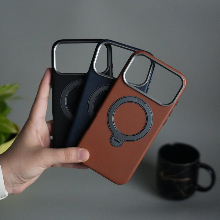 iPhone 17 Pro Max PU Leather Case with Metal Camera Frame & 360° Rotating Metal Stand