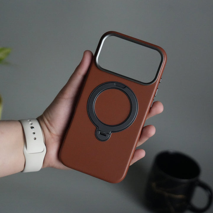 iPhone 17 Pro Max PU Leather Case with Metal Camera Frame & 360° Rotating Metal Stand