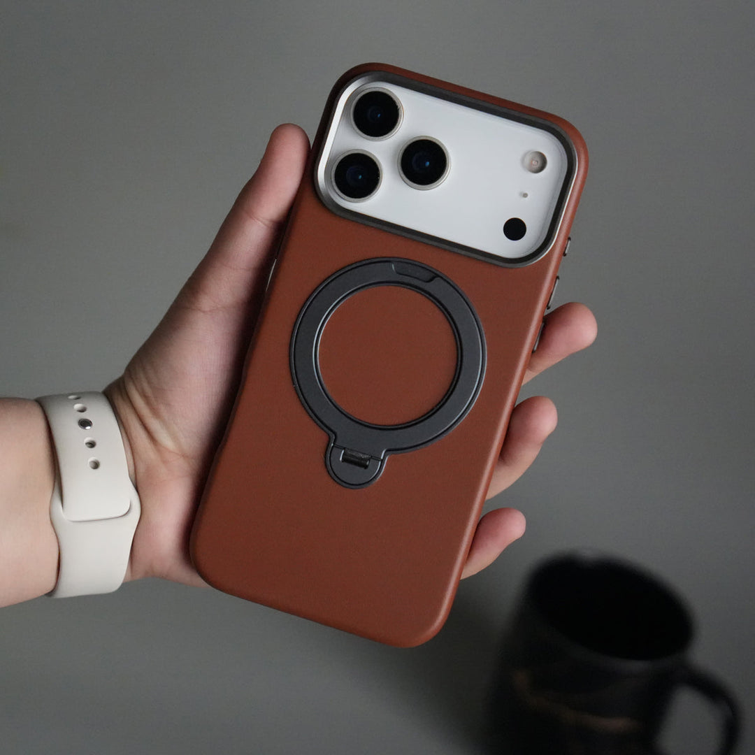 iPhone 17 Pro Max PU Leather Case with Metal Camera Frame & 360° Rotating Metal Stand