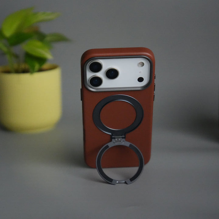 iPhone 17 Pro PU Leather Case with Metal Camera Frame & 360° Rotating Metal Stand