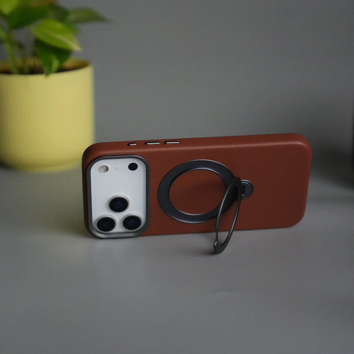 iPhone 17 Pro PU Leather Case with Metal Camera Frame & 360° Rotating Metal Stand