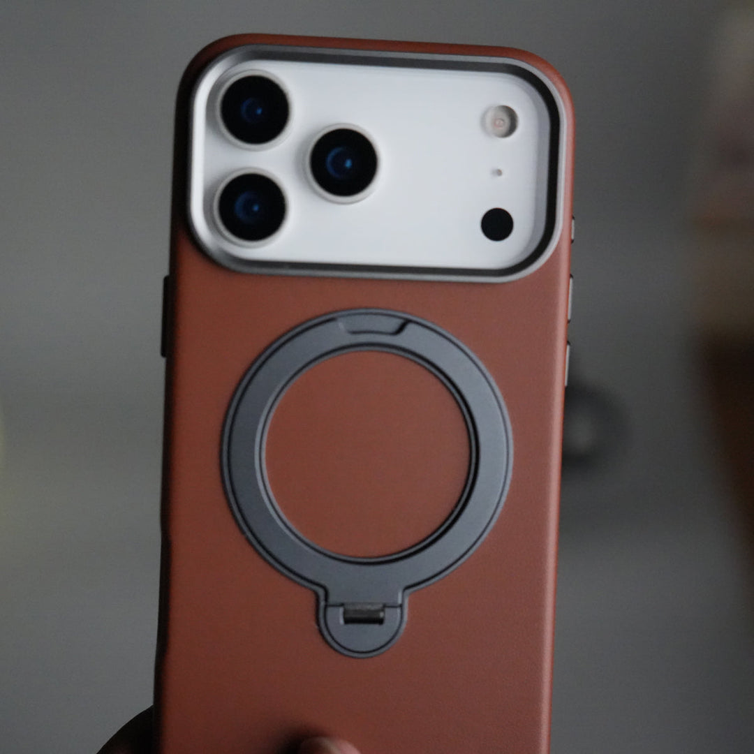 iPhone 17 Pro Max PU Leather Case with Metal Camera Frame & 360° Rotating Metal Stand