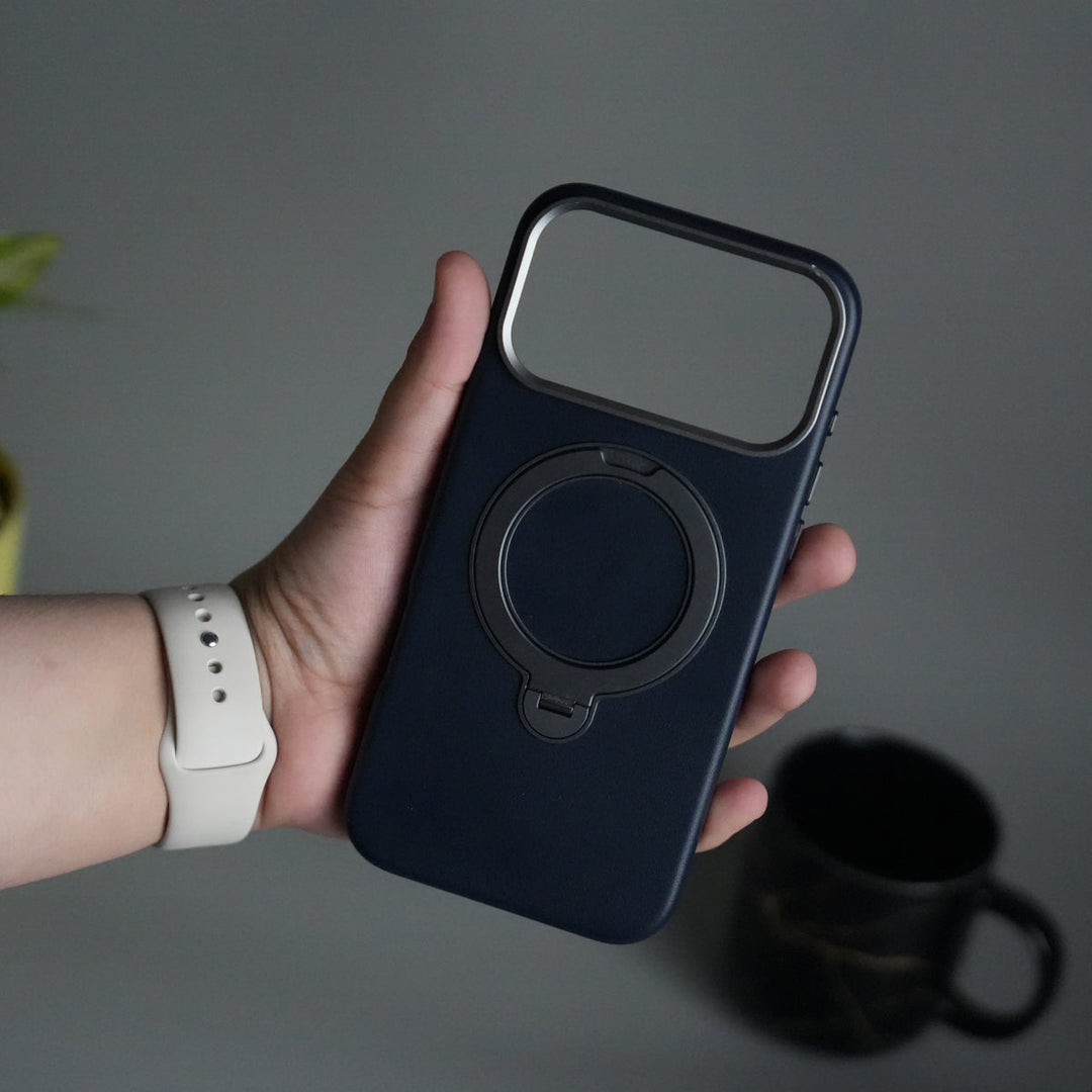 iPhone 17 Pro Max PU Leather Case with Metal Camera Frame & 360° Rotating Metal Stand