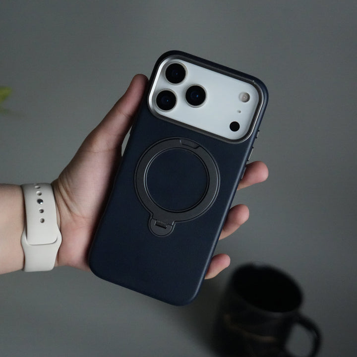 iPhone 17 Pro PU Leather Case with Metal Camera Frame & 360° Rotating Metal Stand