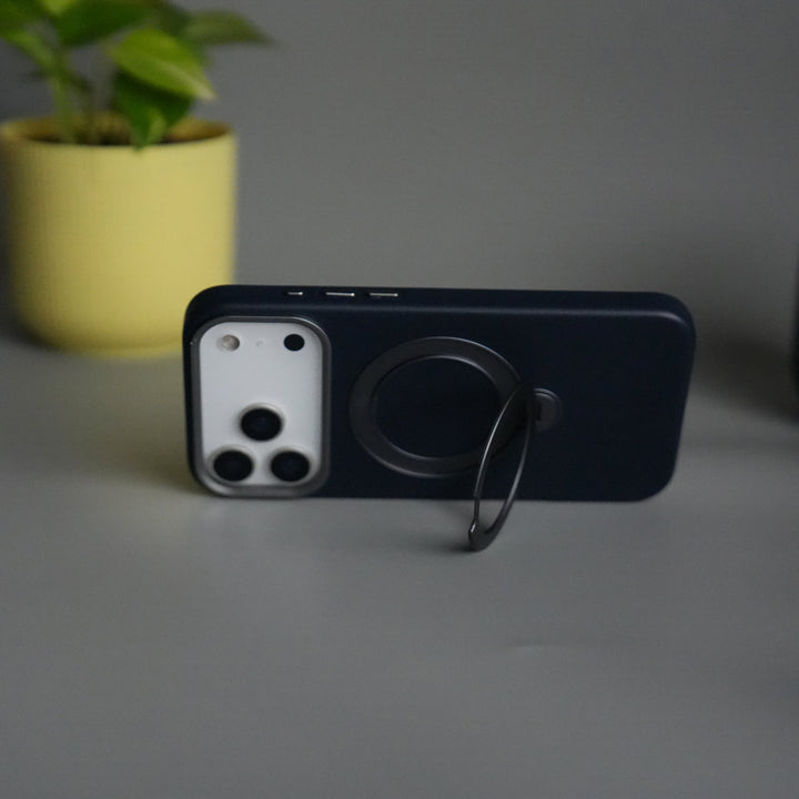 iPhone 17 Pro Max PU Leather Case with Metal Camera Frame & 360° Rotating Metal Stand