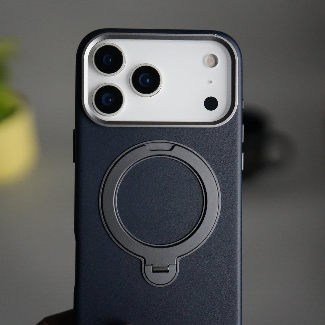 iPhone 17 Pro PU Leather Case with Metal Camera Frame & 360° Rotating Metal Stand