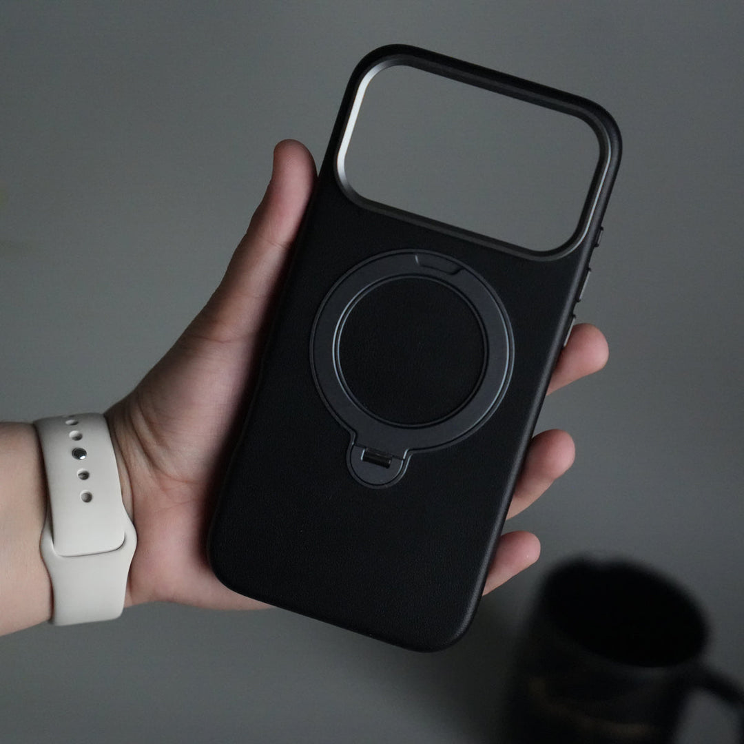 iPhone 17 Pro Max PU Leather Case with Metal Camera Frame & 360° Rotating Metal Stand