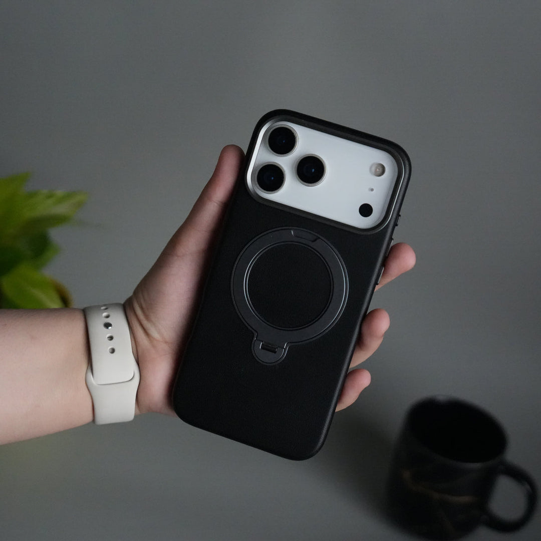 iPhone 17 Pro Max PU Leather Case with Metal Camera Frame & 360° Rotating Metal Stand