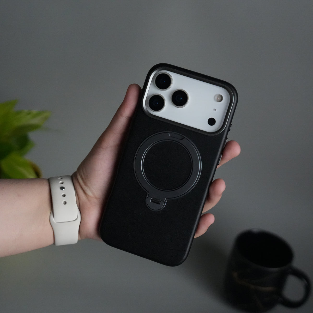 iPhone 17 Pro PU Leather Case with Metal Camera Frame & 360° Rotating Metal Stand