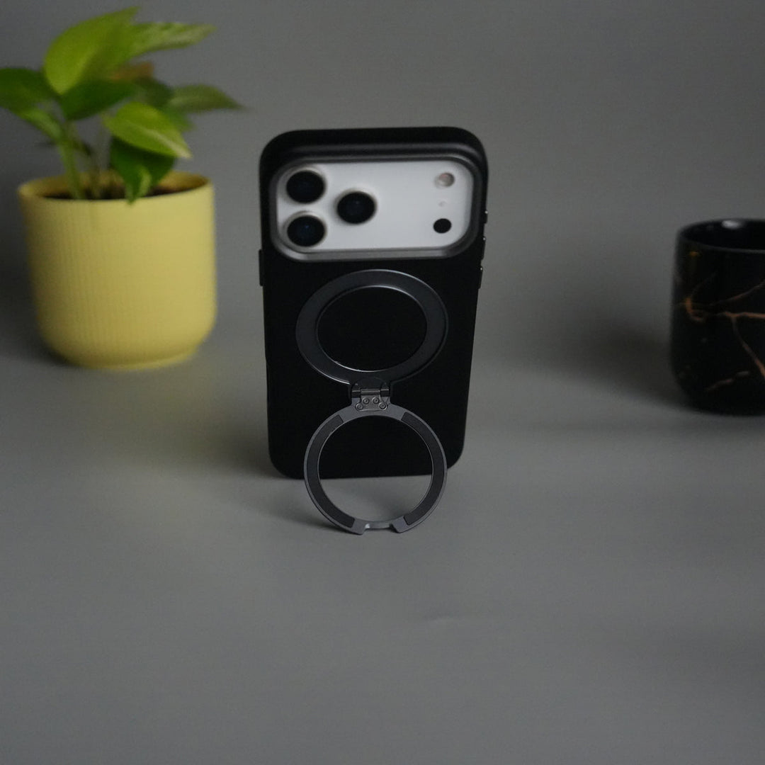 iPhone 17 Pro Max PU Leather Case with Metal Camera Frame & 360° Rotating Metal Stand