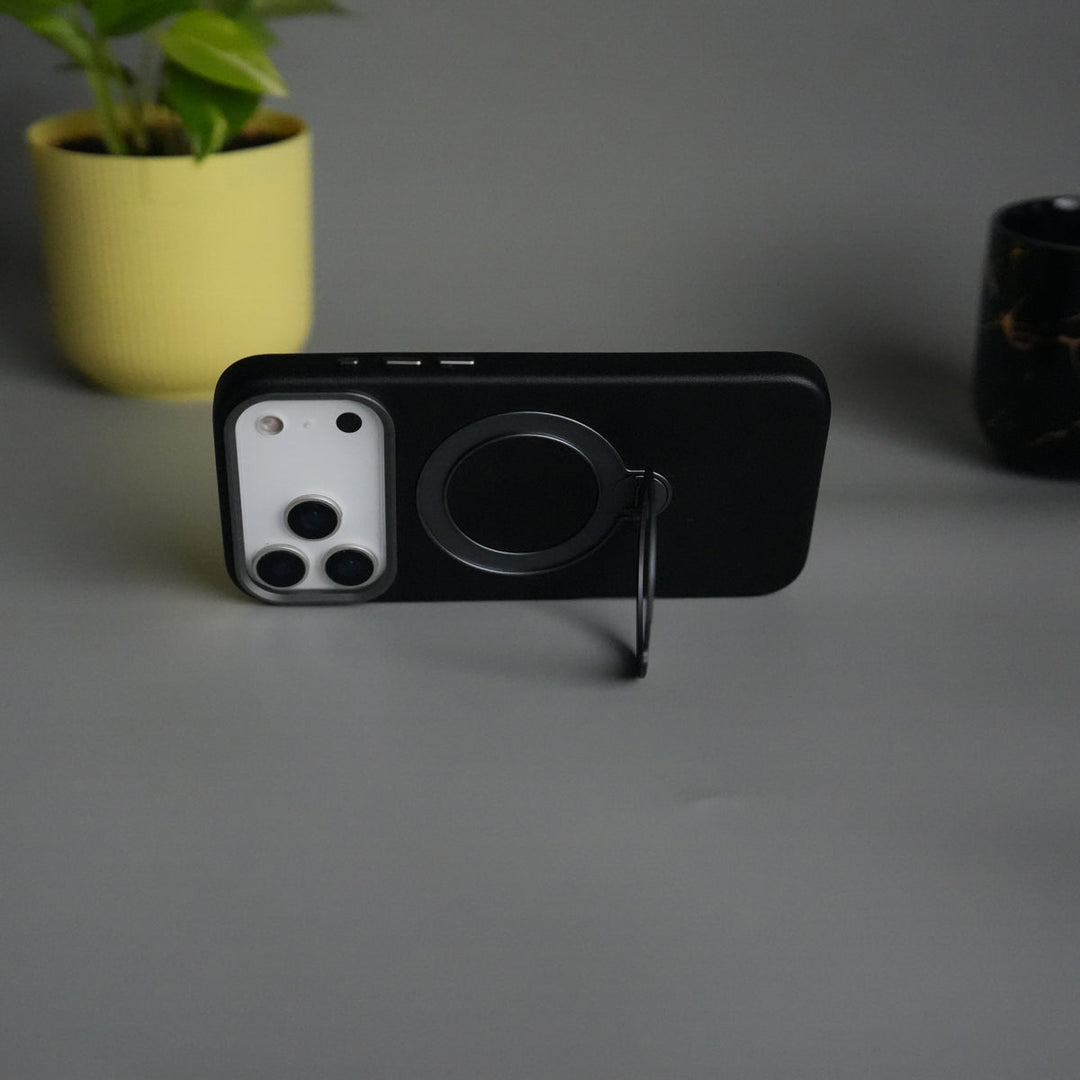 iPhone 17 Pro PU Leather Case with Metal Camera Frame & 360° Rotating Metal Stand