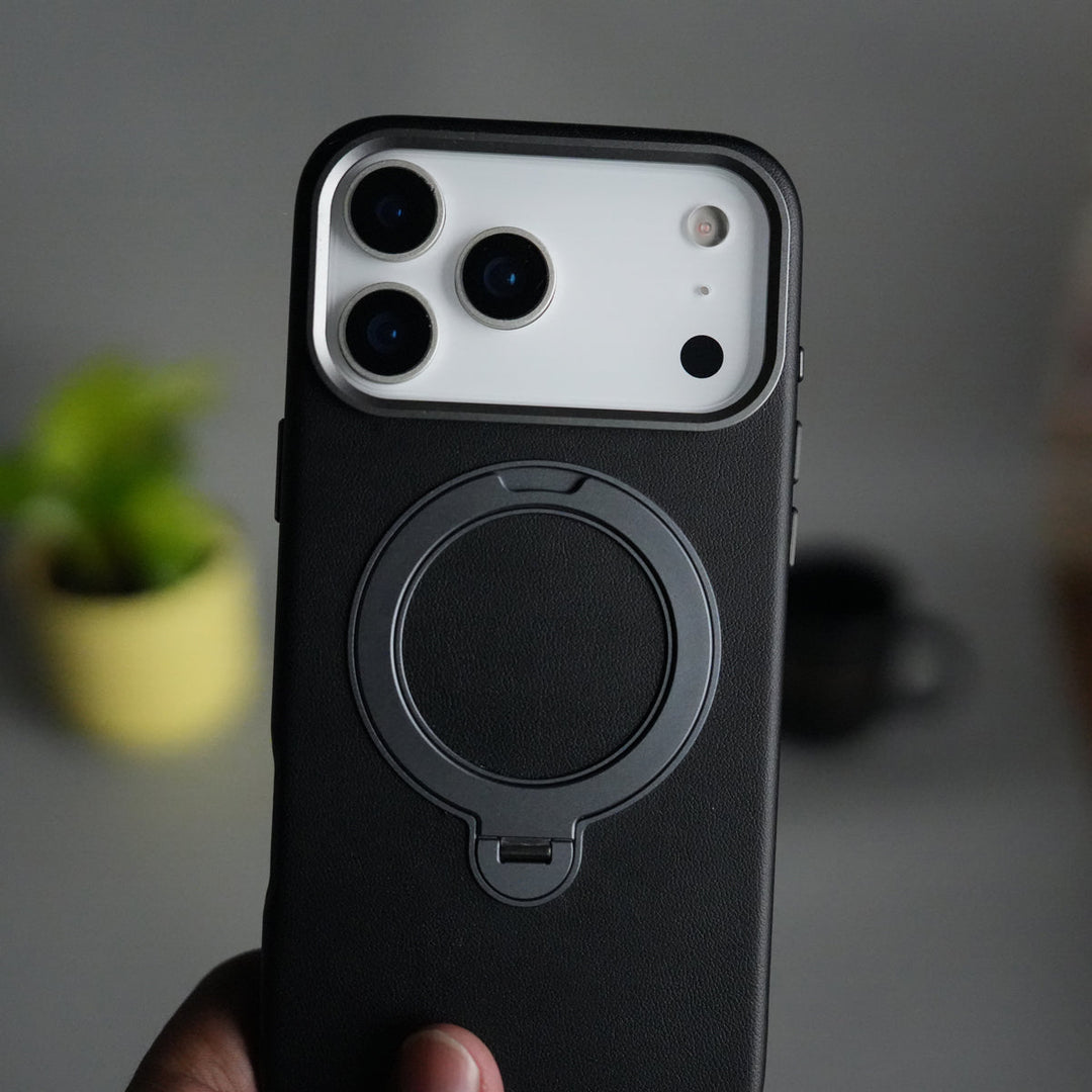 iPhone 17 Pro PU Leather Case with Metal Camera Frame & 360° Rotating Metal Stand