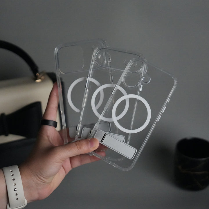 iPhone 17 Series Transparent Bottom Metal Stand MagSafe Supported Case Cover