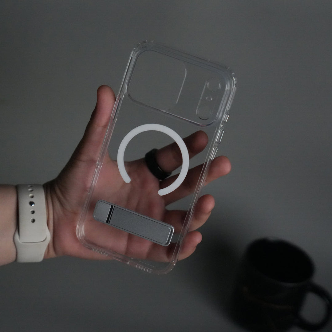 iPhone 17 Series Transparent Bottom Metal Stand MagSafe Supported Case Cover