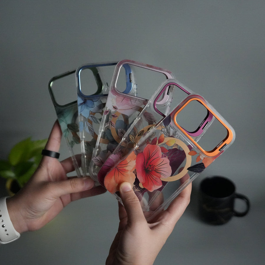 iPhone 17 Pro Max FloraCrystal Clear Floral Design Case with Color Metal Camera Stand Frame