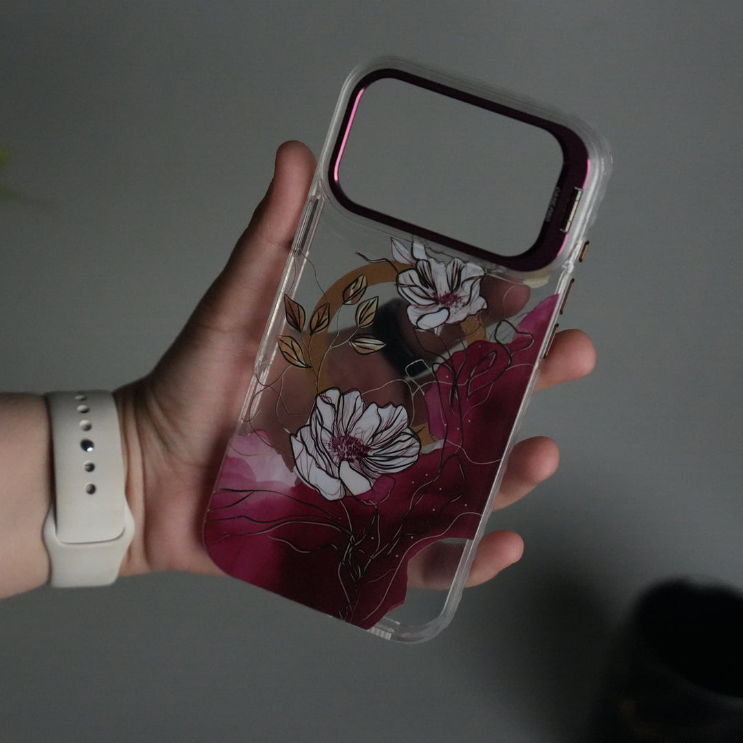 iPhone 17 Pro Max FloraCrystal Clear Floral Design Case with Color Metal Camera Stand Frame