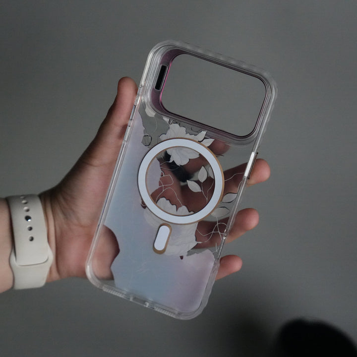 iPhone 17 Pro Max FloraCrystal Clear Floral Design Case with Color Metal Camera Stand Frame