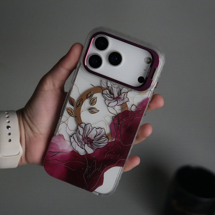 iPhone 17 Pro Max FloraCrystal Clear Floral Design Case with Color Metal Camera Stand Frame