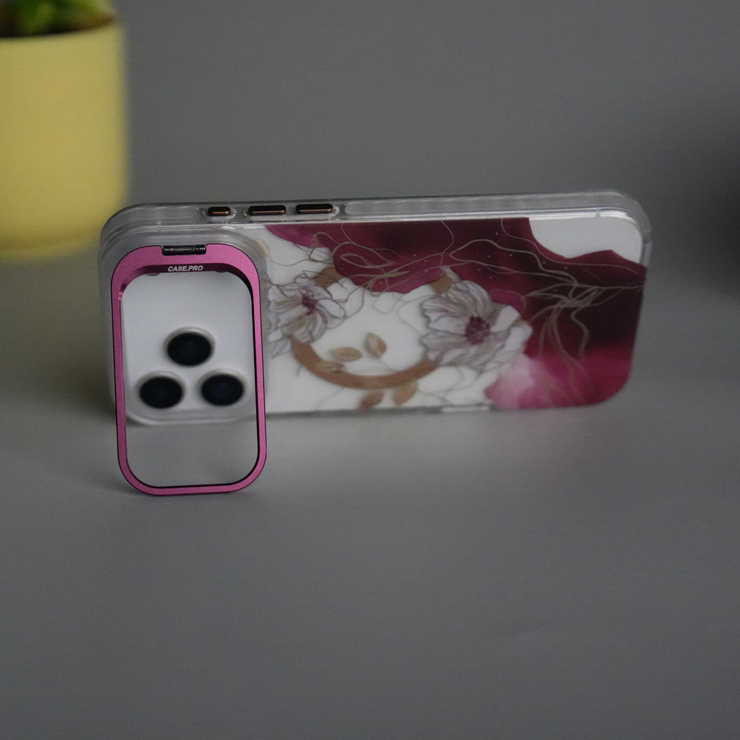 iPhone 17 Pro Max FloraCrystal Clear Floral Design Case with Color Metal Camera Stand Frame